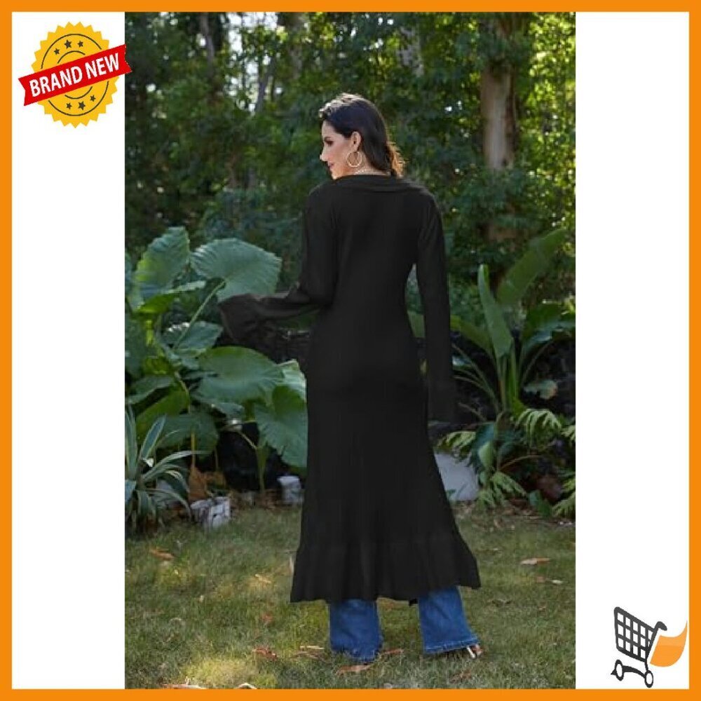 Maxi Cardigan Sweater Duster Button Down Scoop Collar Bell Sleeve - Picture 6 of 8